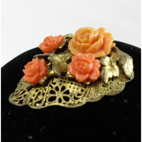 Vintage Art Nouveau Carved Celluloid Faux Coral Dress Clip Floral Flower Rose - Picture 2 of 3